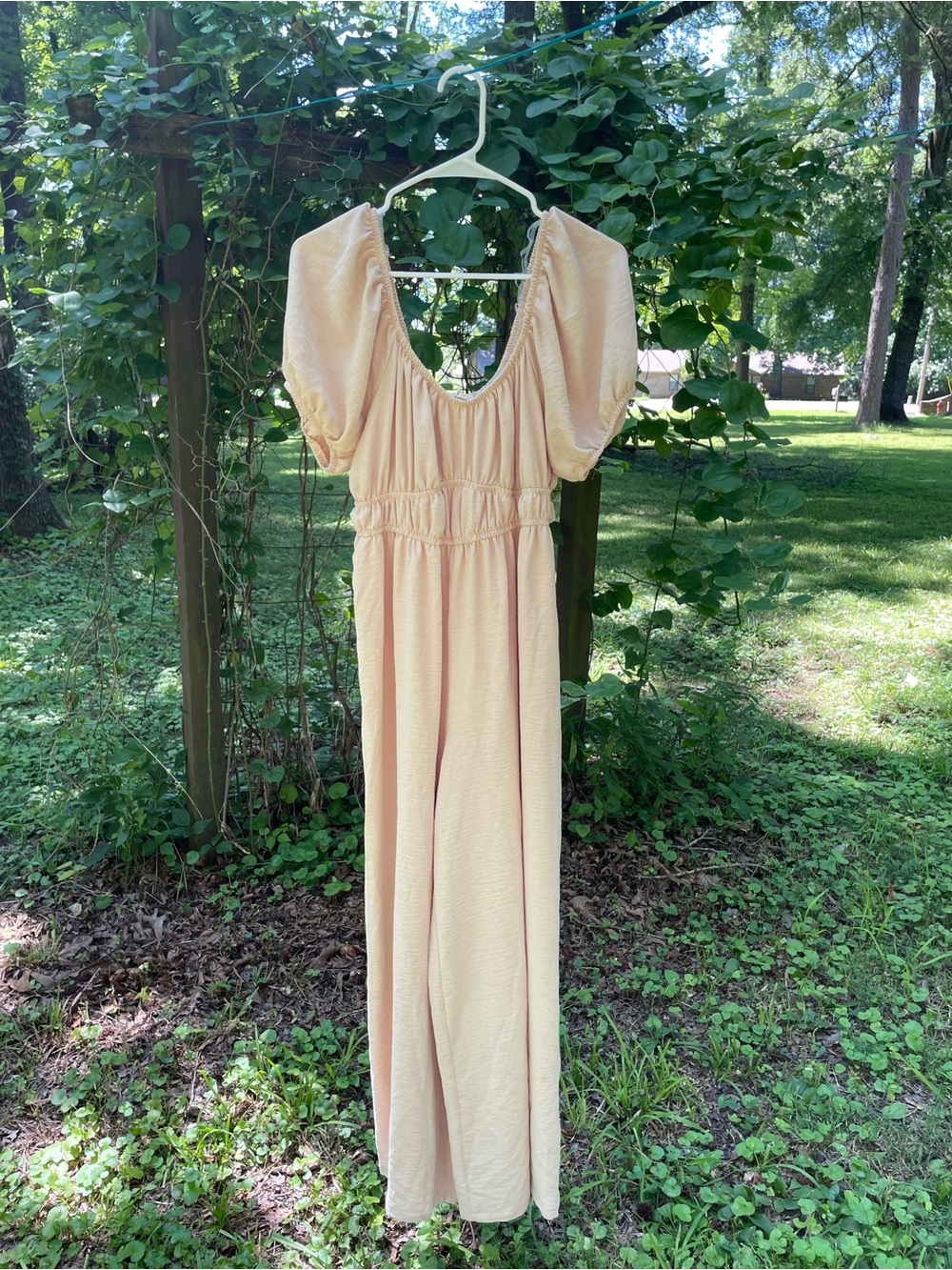 Free For All XL Beige Puff Sleeve Smocked Wide Leg Jumpsuit Cottagecore Boho